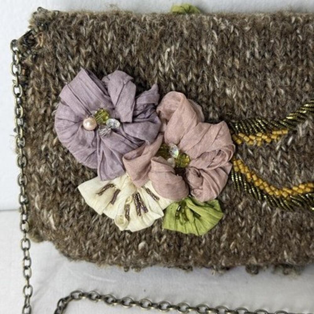 Mary Frances Brown Beaded Floral Bag Vintage Small Chain Strap Crossbody